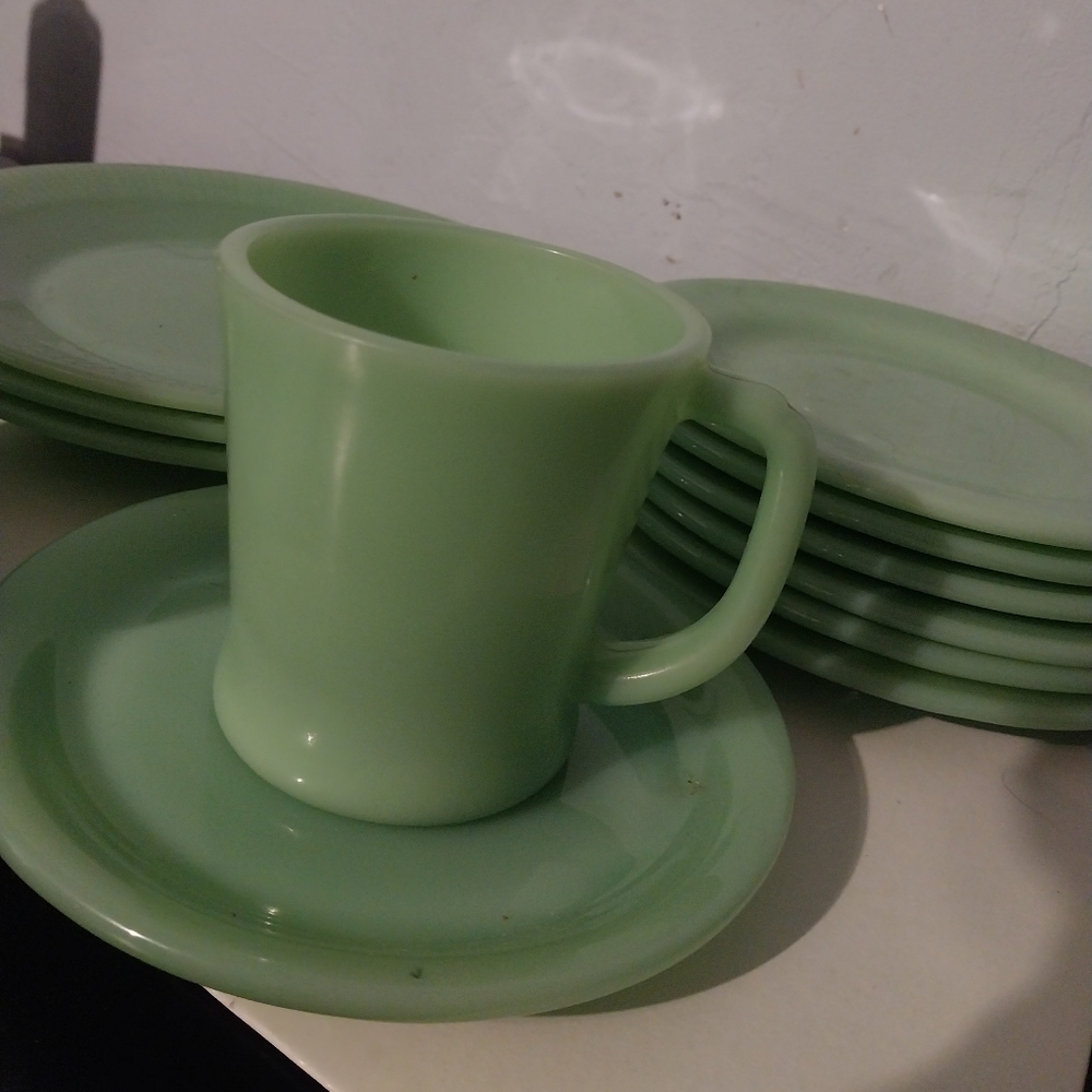Jadeite by Anchor Hocking Dhandle  coffee mug and 6 3/4" bread and butter plate.